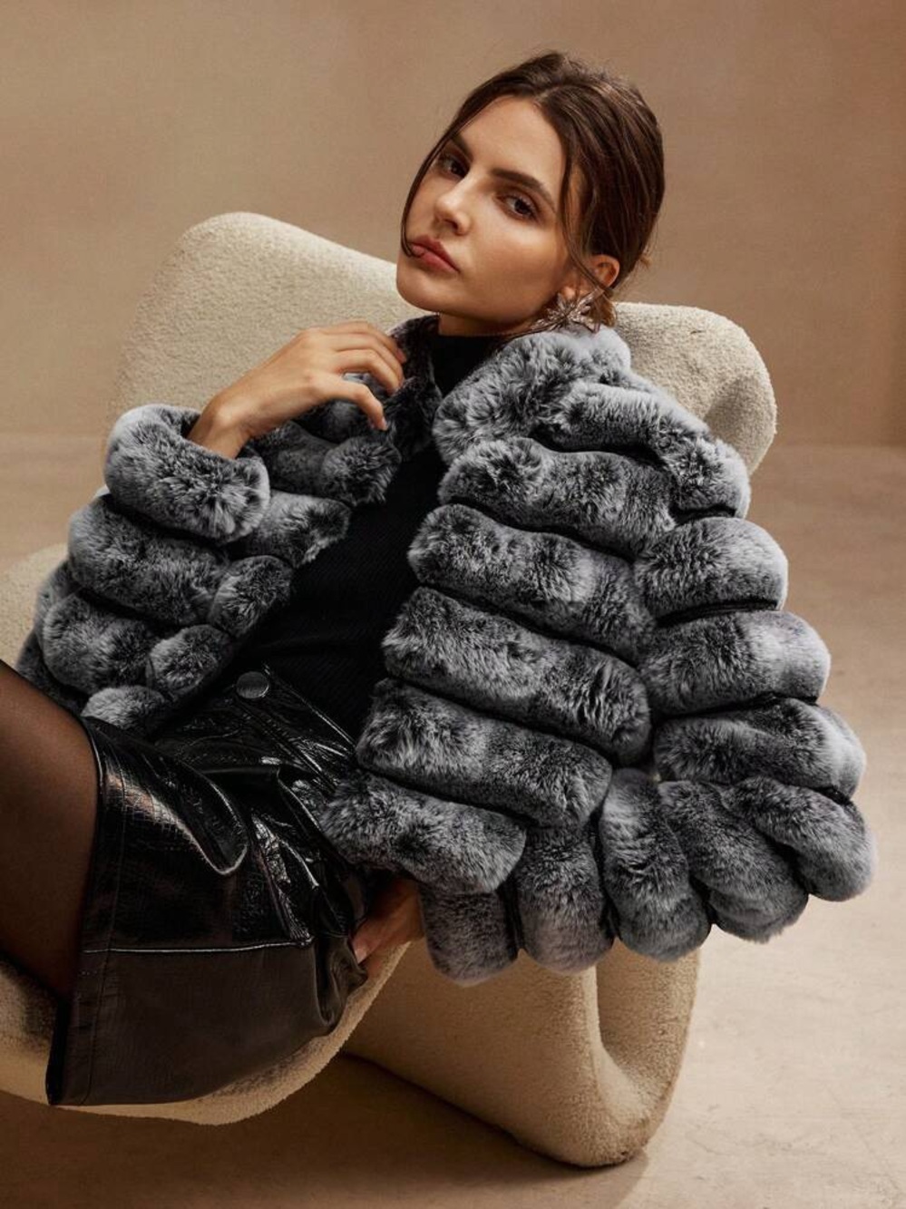 Charcoal Chinchilla Faux Fur Cropped Jacket